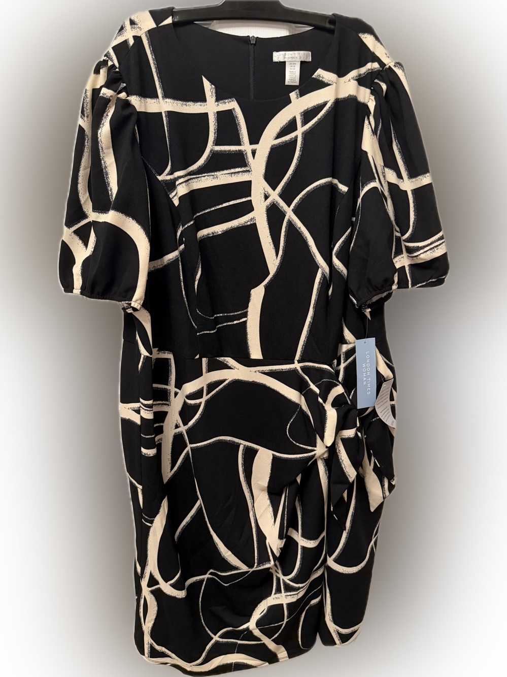 Black & Cream Abstract Print London Times Puff-Sleeve Dress Size 22W NWT